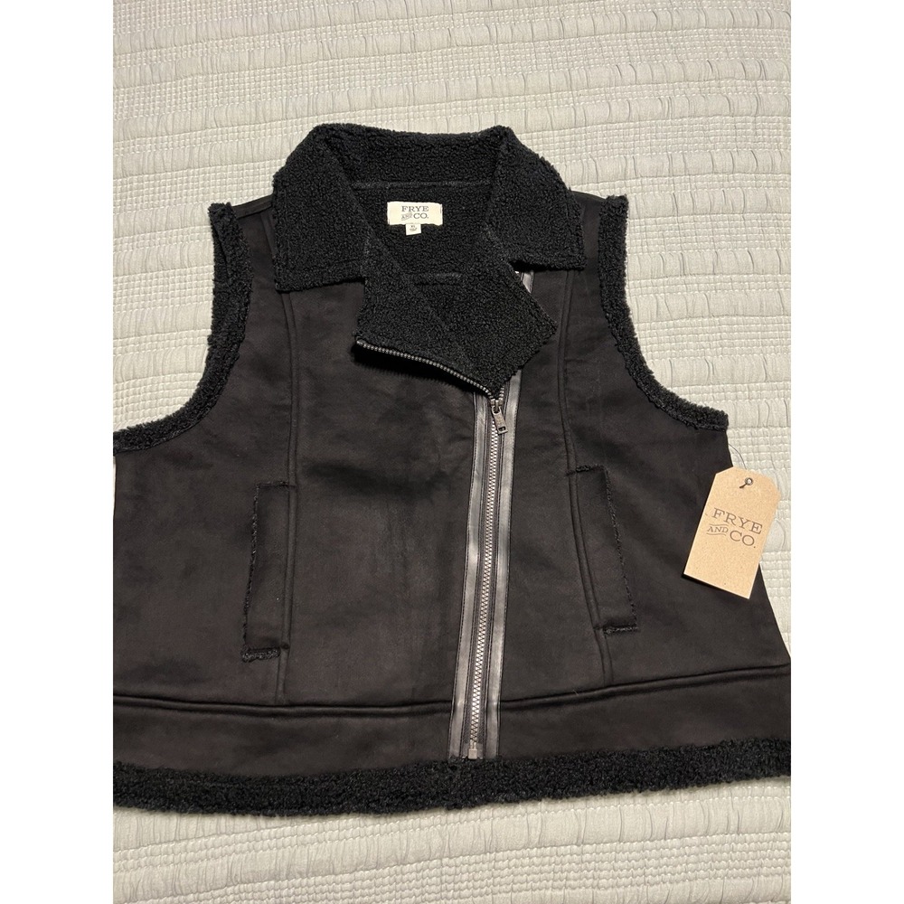 NWT Frye And Co Black Suede Sherpa Faux Fur Moto Vest Size XL Fall Biker